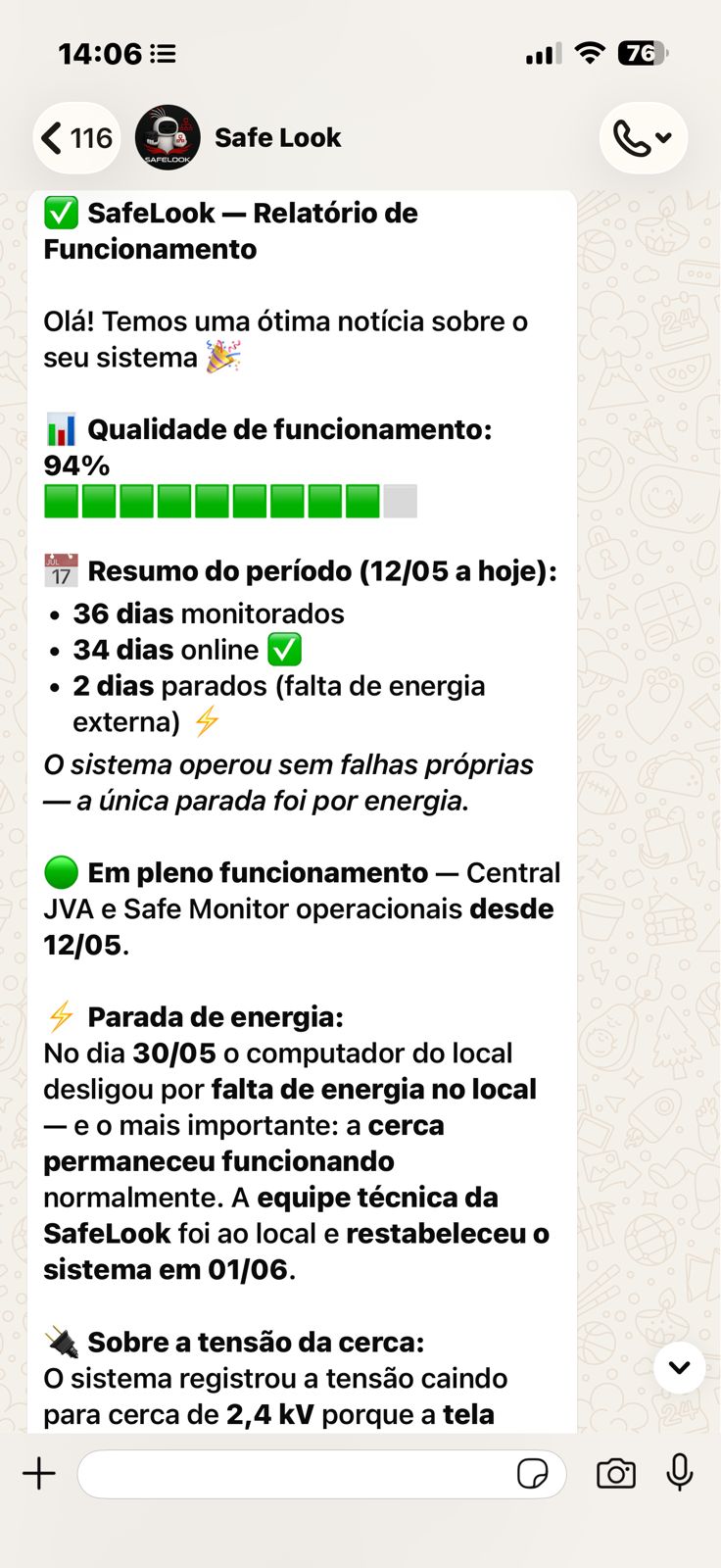 Relatório gerencial de funcionamento enviado por WhatsApp